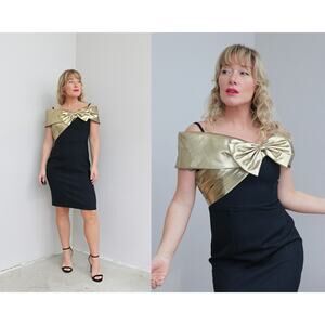1980's Vintage Black Late Edition Gold Bow Cocktail Party Dress ~ Women's XS SM
